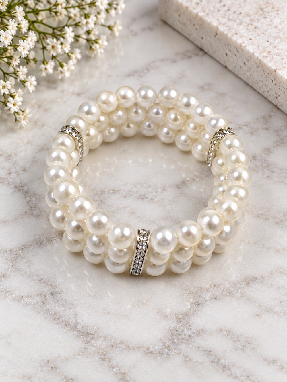 Classic Triple-Row Pearl Stretch Bracelet - White Pearls